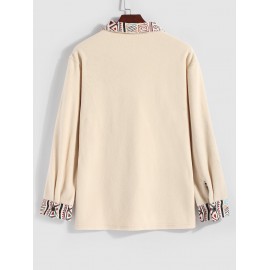 Men's Ethnic Style Geometric Printed Front Pocket Button Fuzzy Fleece Jacket