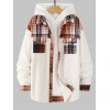 Men's Plaid Pattern Spliced Button Front Flap Pocket Fuzzy Teddy Fleece Jacket